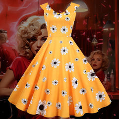 Robe Pin-Up Jaune Moutarde à Fleurs
