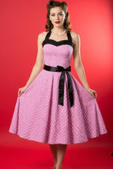 Robe Pin-Up Rose à Pois Blancs à Col Licou – Rosetta