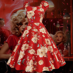 Robe Pin-Up Rouge Grosses Fleurs
