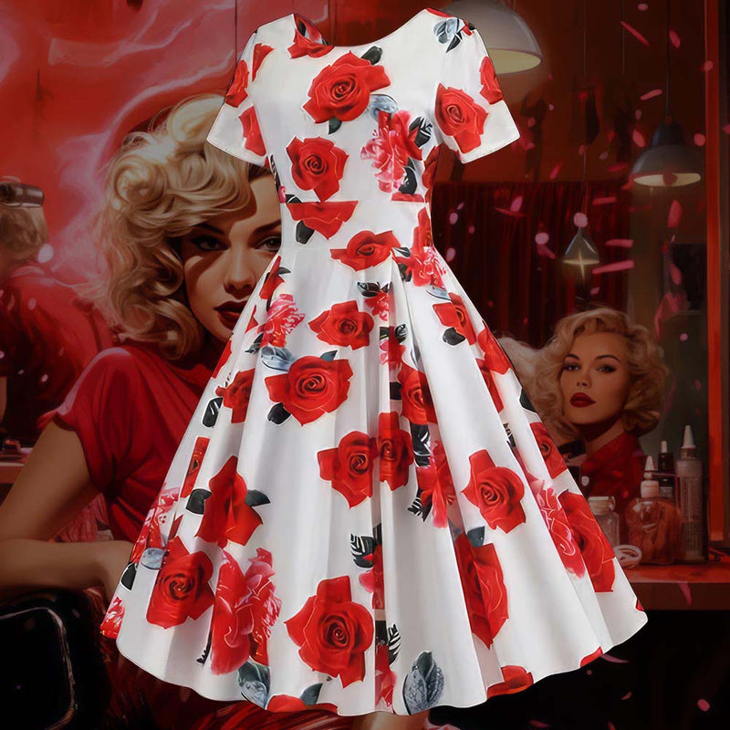 Robe Pin-Up <br> Blanche à Fleurs Rouges <br> Vintage 50's Rockabilly
