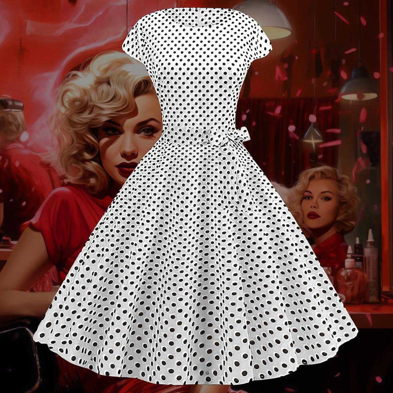 Robe Pin-Up <br> Blanche à Petits Pois Noirs <br> Vintage 50's