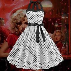 Robe Pin-Up Blanche à Petits Pois Noirs – Marlene
