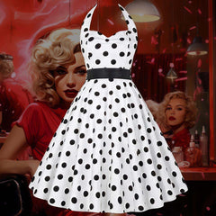 Robe Pin-Up Blanche à Pois Noirs à Col Licou – Alberta