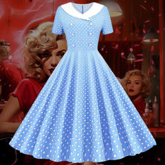 Robe Pin-Up Bleue Ciel à Pois Blancs – Dalida