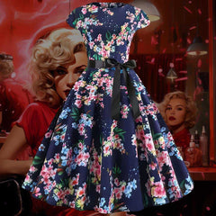 Robe Pin-Up Bleue Florale – Mae