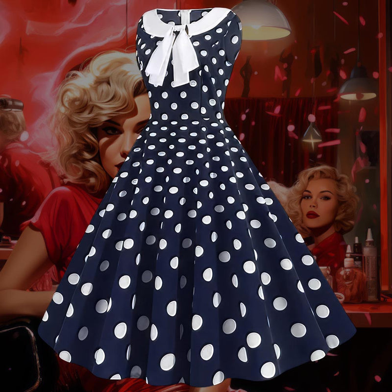 Robe Pin-Up <br> Bleue Marine à Pois Blancs <br> Style Marin 50's