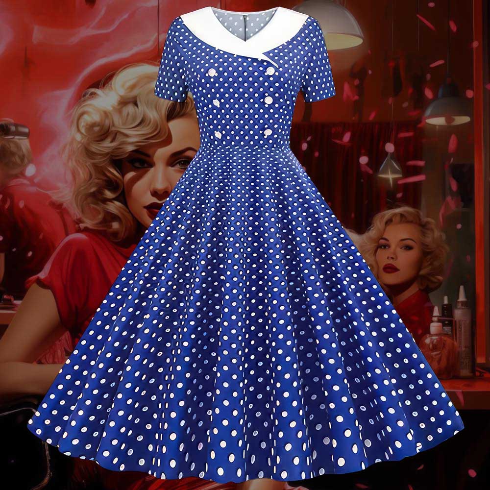 Robe Pin Up Bleue a Pois Blancs a Col Croise