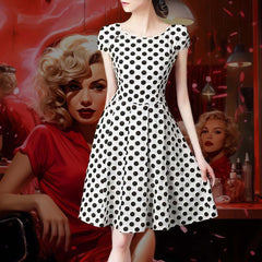 Robe Pin-Up Crayon Blanche à Pois Noirs – Stellara