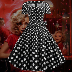 Robe Pin-Up Demoiselle d'Honneur Noire à Pois Blancs – Charlene