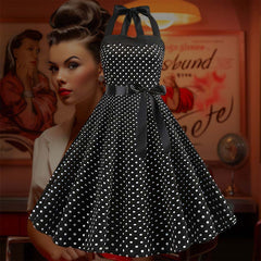Robe Pin-Up Noire à Pois Blanc & à Col Licou – Jeanette