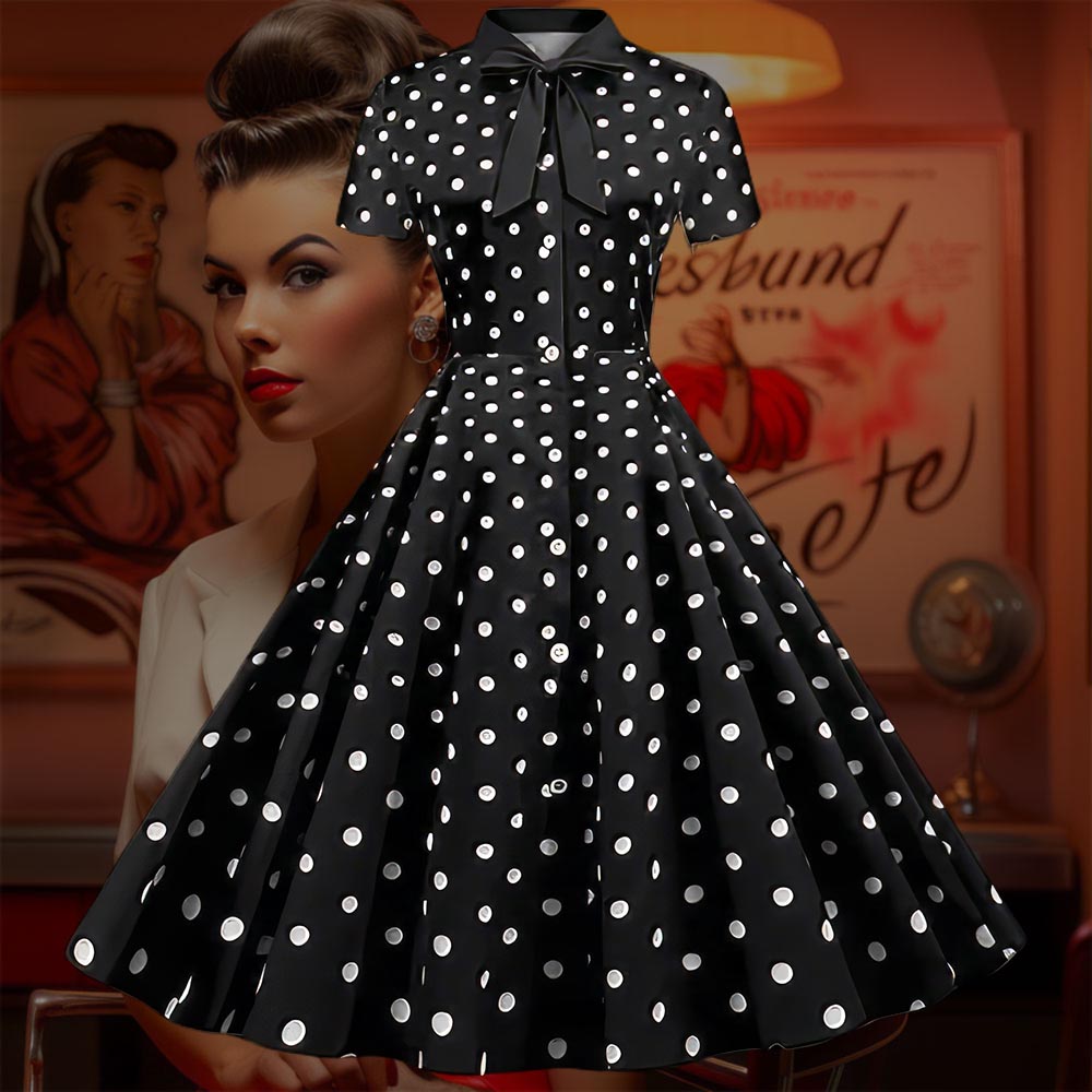 Robe Pin Up Noire a Pois Blancs Retro 50 s