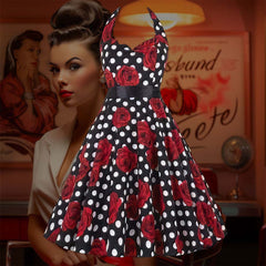 Robe Pin-Up Noire à Pois Blancs & Fleurs Rouges – Xena