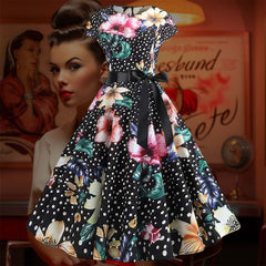 Robe Pin-Up Petit Pois et Fleurs Multicolores – Dorelia