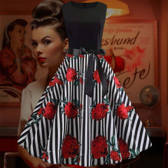 Robe Pin-Up Rayée à Fleurs Rouges – Zephyra