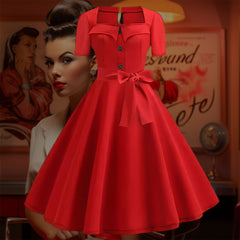 Robe Pin-Up Rouge Uni à Col Carré – Crystal