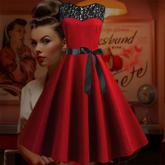 Robe Pin-Up Rouge à Col en Dentelle – Greer