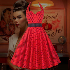 Robe Pin-Up Rouge à Pois Noirs & Col Licou – Dolores