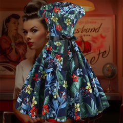Robe Pin-Up Tropicale Bleue et Verte – Rita