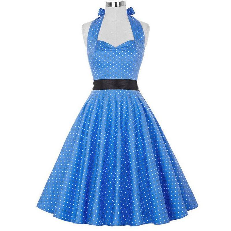 Robe Vintage Bleu à Pois Blanc