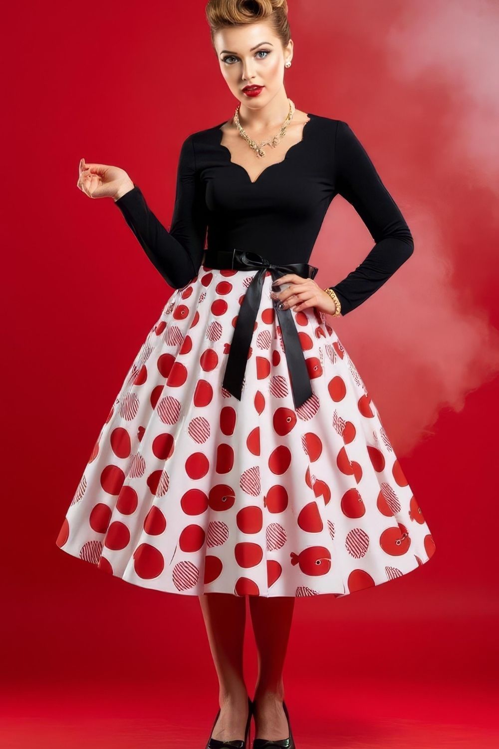 Robe Pin-Up Blanche & Noire à Pois Rouge – Scarlett