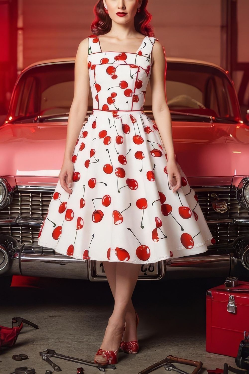 Robe Pin-Up Blanche à Cerises – Vesta