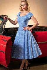Robe Pin-Up Bleue Ciel à Pois Blancs – Bette-Lou