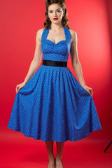 Robe Pin-Up Bleue à Pois Blanc – Theda