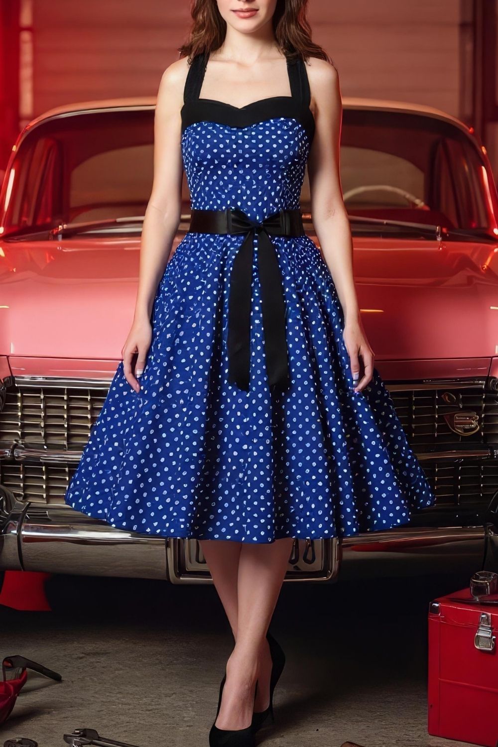 Robe Pin-Up Bleue à Pois Blancs – Ursula