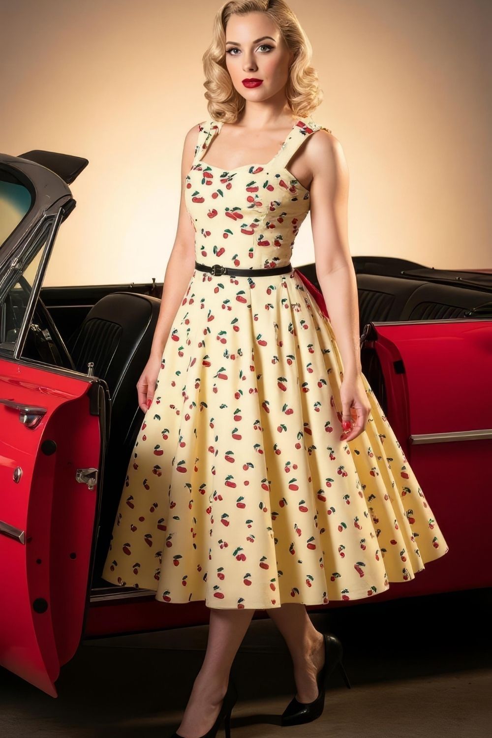 Robe Pin-Up Jaune Pastel Cerises – Ginger