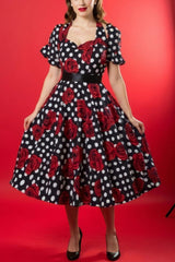 Robe Pin-Up Noire à Pois Blancs & Fleurs Rouges – Xena