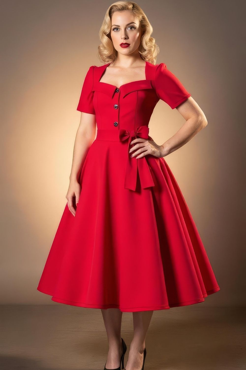 Robe Pin-Up Rouge Uni à Col Carré – Crystal