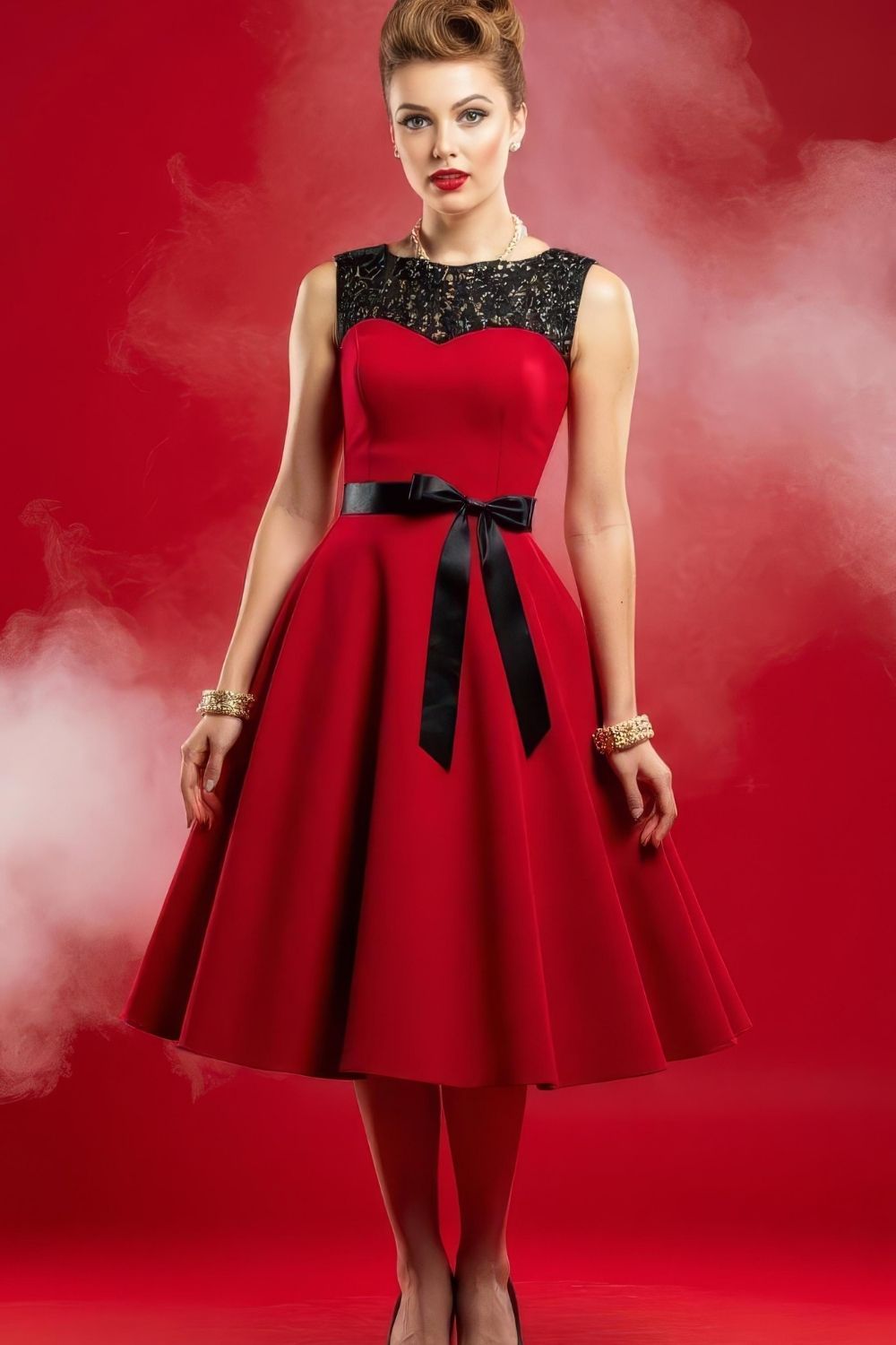 Robe Pin-Up Rouge à Col en Dentelle – Greer