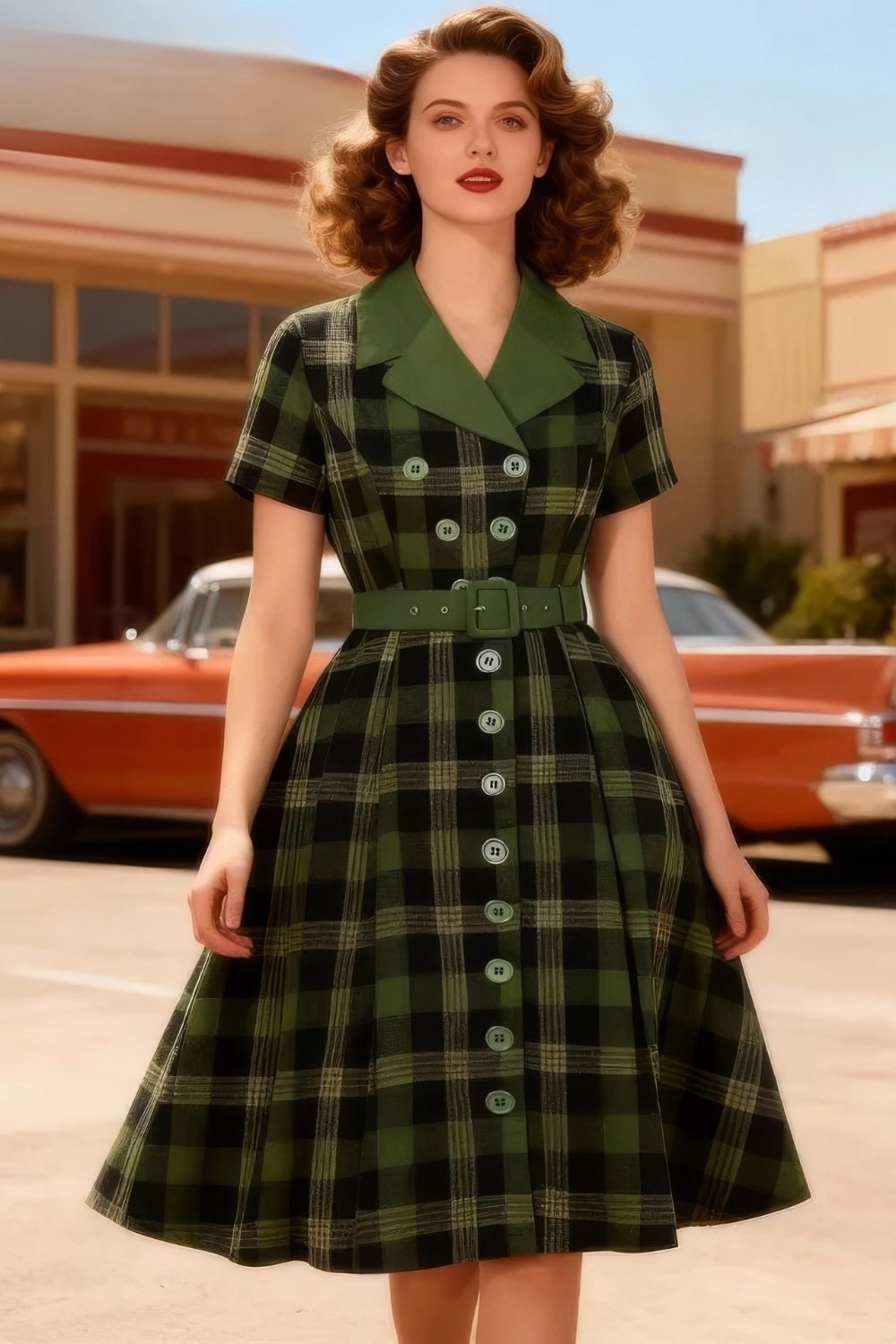 Robe Pin-Up à Carreau et Col Chemisier