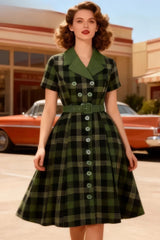 Robe Pin-Up à Carreau et Col Chemisier