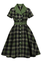 Robe Pin-Up à Carreau et Col Chemisier