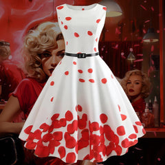 Robe Pin-Up <br> Blanche & Pétales Rouges <br> Vintage Années 50