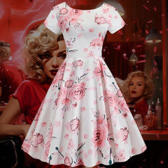 Robe Pin-Up <br> Blanche à Fleurs Roses <br> Trapèze Vintage 50's