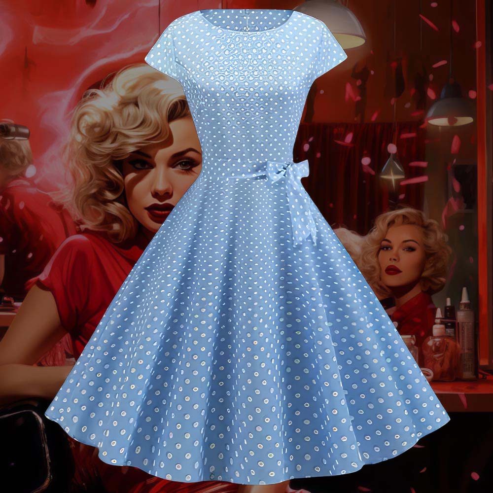 Robe Pin-Up Bleue Ciel à Pois Blancs – Bette-Lou 38 (S)