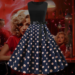 Robe Pin-Up <br> Bleue Marine à Gros Pois