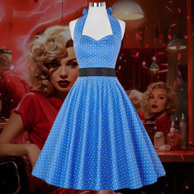 Robe Pin-Up <br> Bleue à Pois Blanc <br> Vintage 50's