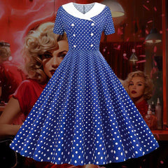 Robe Pin-Up <br> Bleue à Pois Blancs <br> à Col Croisé