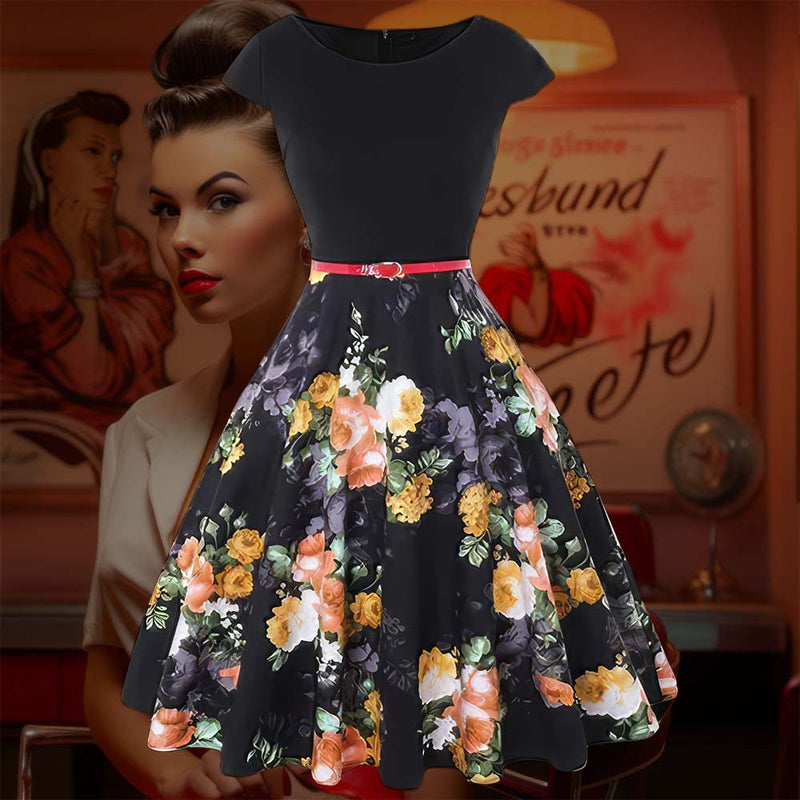 Robe Pin-Up <br> Jupe Noire Fleurie
