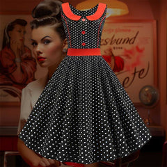 Robe Pin-Up <br> Noire à Petit Pois Blanc <br> & Col Rouge