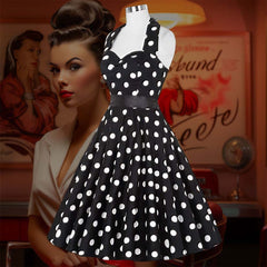 Robe Pin-Up <br> Noire à Pois Blancs <br> à Col Licou