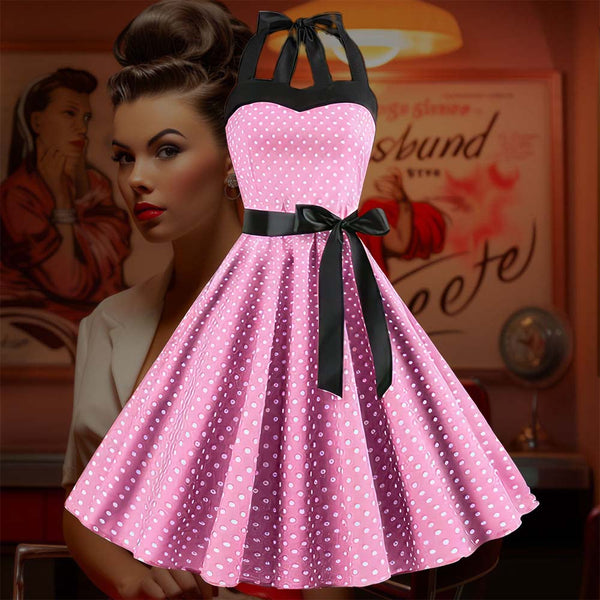 Robe Pin Up Rose a Pois Blancs a Col Licou