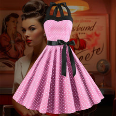 Robe Pin-Up <br> Rose à Pois Blancs <br> à Col Licou