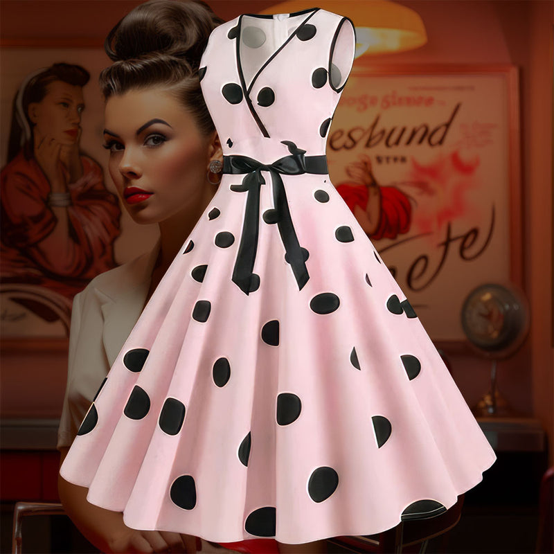 Robe Pin-Up <br> Rose à Pois Noirs <br> Sans Manches