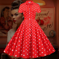Robe Pin-Up <br> Rouge à Pois Blancs <br> à Col Noué