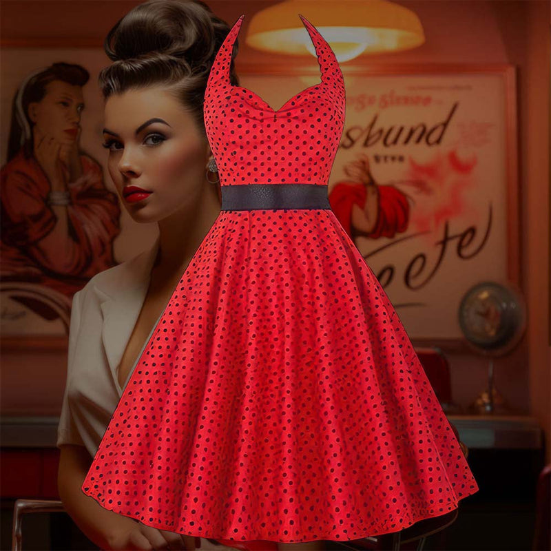 Robe Pin-Up <br> Rouge à Pois Noirs <br> & Col Licou