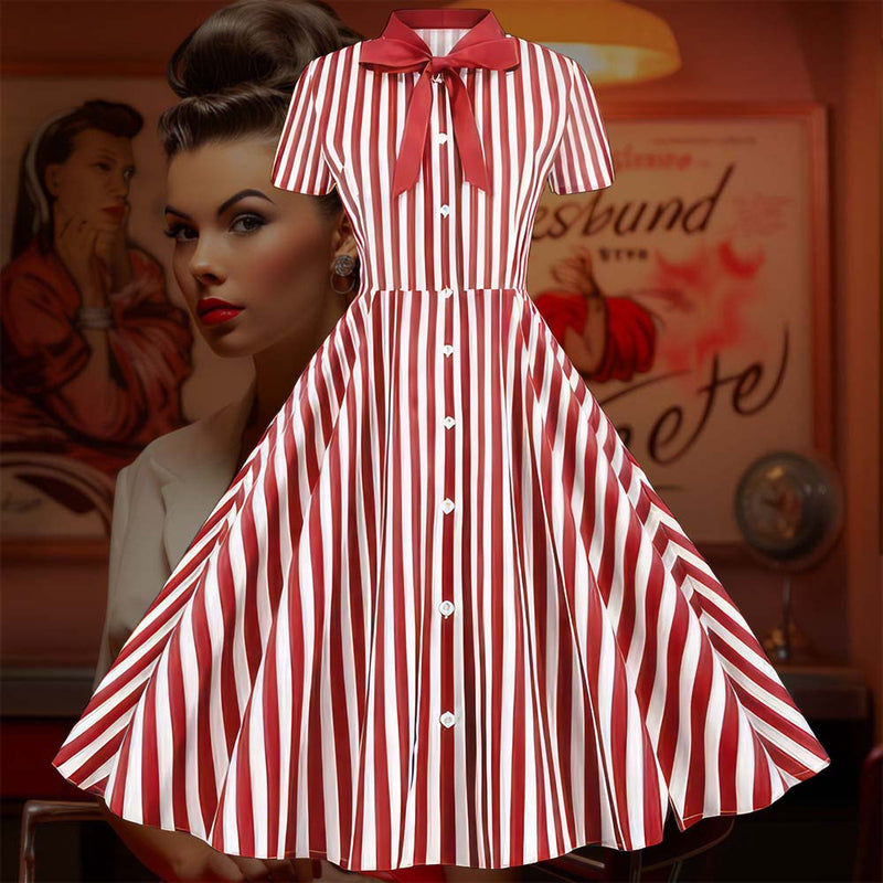 Robe Pin-Up <br> Style Chemise <br> Rayée Rouge et Blanche